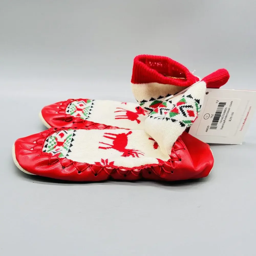 Hanna Andersson Shoes Girl 1Y Red Sock Knit Christmas Fair Isle Moccasin Slipper